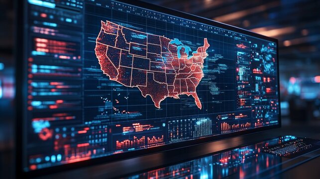A monitor displaying a map of the United States with an American flag in a tech environment