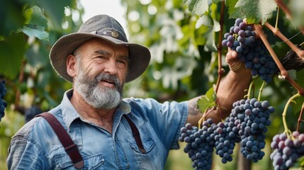 A vineyard owner inspecting ripe grapes on the vine, ready for harvesting