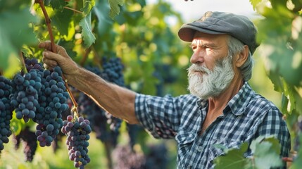 A vineyard owner inspecting ripe grapes on the vine, ready for harvesting