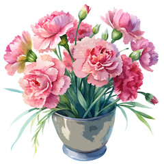 Fototapeta premium Watercolor Painting of Pink Carnations in a Vase