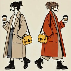 冬の街歩きスタイル｜カジュアルでおしゃれな女性イラスト