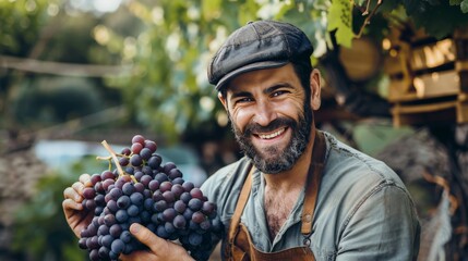 A vineyard owner inspecting ripe grapes on the vine, ready for harvesting