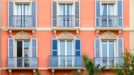 Fototapeta premium Orange Facade with Blue Shutters and Balconies