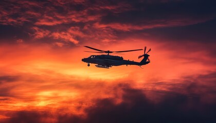 Apache attack helicopter soaring through a vibrant sunset sky, capturing majestic aerial power