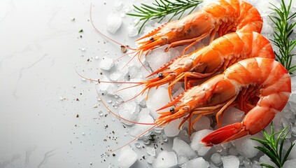 A close-up of fresh, cooked shrimp on ice with parsley and spices.