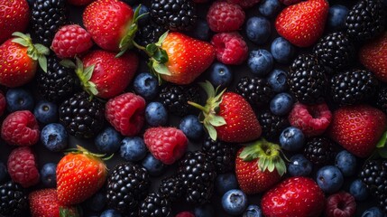Fototapeta premium Colorful Background of Fresh Berries: Strawberries, Blueberries, Raspberries, and Blackberries
