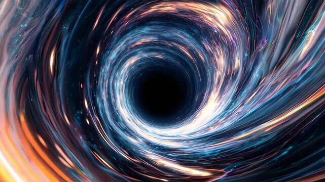 Swirling cosmic vortex spirals towards a central black hole. Vibrant energy streams and cosmic dust create a mesmerizing, surreal journey through deep space.	