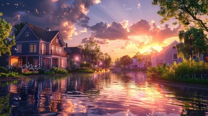 Obraz premium Charming Lakeside Homes at Sunset