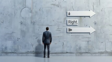 Businessman standing in front of a large white wall with a single arrow pointing left labeled "Wrong" and another arrow pointing right labeled "Right." 