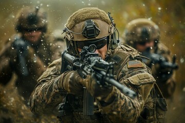 Fototapeta premium Military operation rangers engaged in tactical maneuvers during a field mission