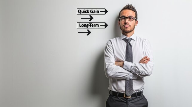 Businessman with a furrowed brow, considering a white wall with arrows labeled "Quick Gain" and "Long-Term Success." 