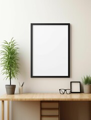 A simple and minimalist black frame mockup leans against the wall of an office. Generative ai