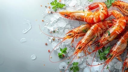 A close-up of fresh, cooked shrimp on ice with parsley and spices.