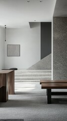Minimalist porch, aisle, shoe stool, wood grain furniture, stairs, entry, entrance, modern, space, gray and white tones, create, elegant atmosphere, warm, quiet sense, simple walls, minimalism, aesthe