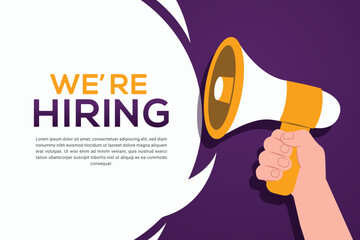 We're hiring with minimalist design concept. Business recruiting with hand holding megaphone vector illustration