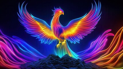 A phoenix rising from digital ashes, symbolizing achievement and rebirth, vibrant colors, fantasy art, glowing effects