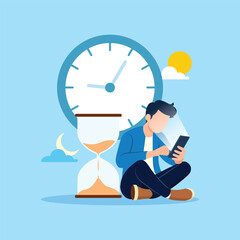 Smartphone addiction. Wasting time by scrolling smartphone, exhausted man sitting with clock and sandglass using smartphone concept vector illustration