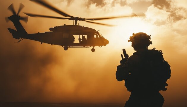 Silhouette of military commando helicopter deployment during dusk special operations mission