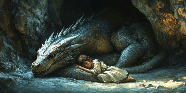 A young boy sleeping next to a dragon in a