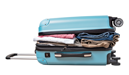 open suitcase with casual clothes isolated. png file