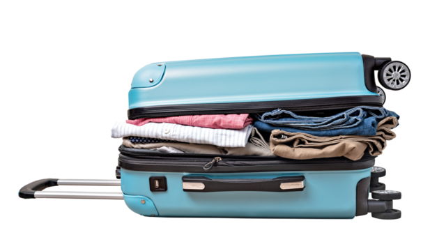 open suitcase with casual clothes isolated. png file