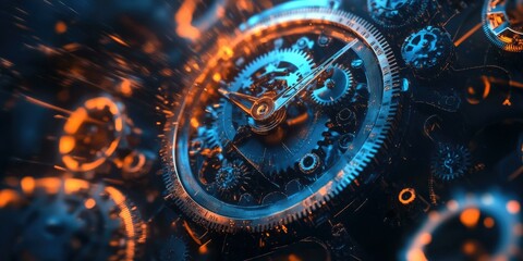 Fototapeta premium Detailed clockwork with blue and orange highlights.