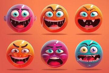 Create a set of vibrant, cartoon-style emoji faces with exaggerated expressions, perfect for social media. Colorful and dynamic.