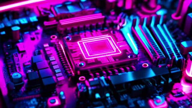 A close-up shot of a computer motherboard with neon pink and blue lights, highlighting the central processing unit (CPU).