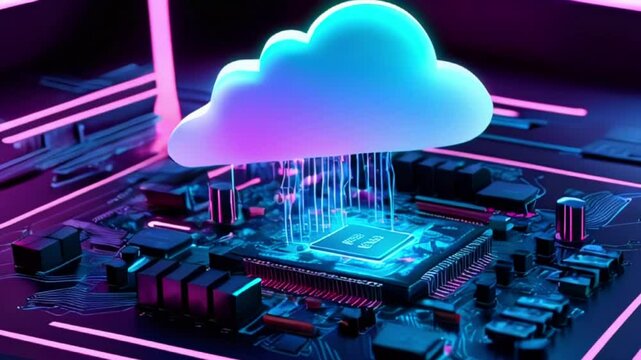 A glowing blue cloud icon hovering above a circuit board with pink neon lights.
