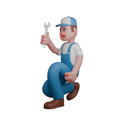 Illustration of a Professional Mechanic. A mechanic is kneeling with a serious expression while holding a wrench. 3D Male