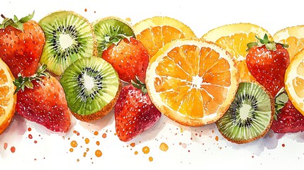 Vibrant assortment of fresh fruits showcasing strawberries, oranges, and kiwis with a splash of color and freshness.