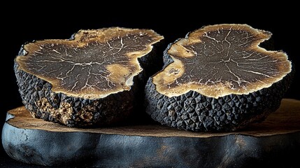 Detailed view of a black truffle sliced to show its complex internal structure and luxurious texture.