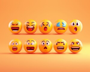 Create a modern collection of emoji reactions, featuring a variety of expressions with smooth, glossy textures for apps.