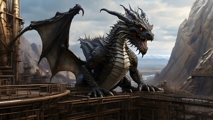 close-up Generative AI with an industrial view of a pipeline inenormous, ancient dragon perches on a mountainside, with a wide, expansive fantasy landscape visible in the background, highlighting the 