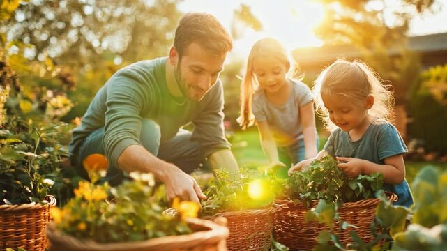 A family working on a sustainable home project, composting in their backyard, reflecting a commitment to eco-friendly living.