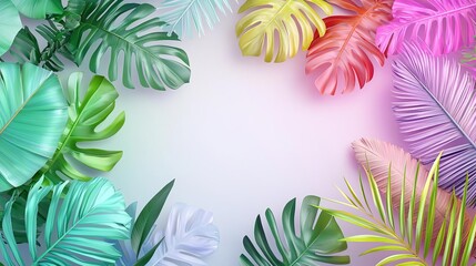 Tropical jungle with neon-colored leaves and glowing plants, vivid color fusion creating an otherworldly atmosphere, exotic paradise