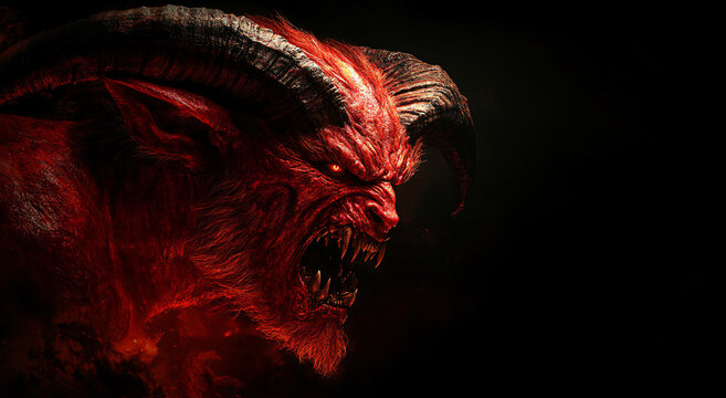A profile of an angry devil screaming against a black background with copy space for text, representing the concept of evil and hell.