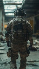 Obraz premium Special unit fighter stares threateningly at the enemy from behind in intense photography shot