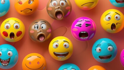 Craft an array of emoji faces with exaggerated emotions, using vibrant colors and high contrast for digital interactions.