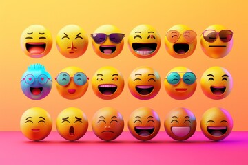 Craft a diverse collection of emoji reactions with modern aesthetics, emphasizing vibrant hues and dynamic expressions.