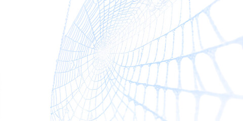 Faszinierende Nahaufnahme eines blau eingef&auml;rbten Spinnennetzes, das sich in einem kaleidoskopischen Muster gegen einen dunklen Hintergrund erstreckt und dabei einzigartige Lichtbrechungen einf&auml;ngt