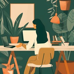 Fototapeta premium Woman Working at Home with Plants