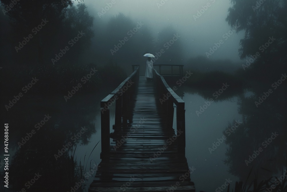 Wall mural ai generative woman in white dress standing on bridge