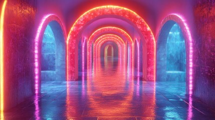 Futuristic Neon Corridor with Glowing Arches and Reflective Tiles