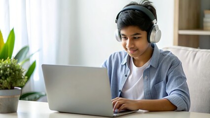 Indian Asian teenager using headphones and a laptop for home-based learning.