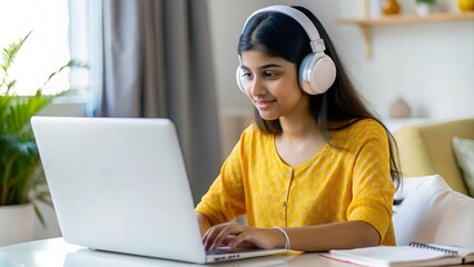 Indian teenage girl engaged in a study session at home, with headphones and a computer.