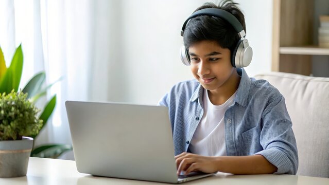 Indian Asian teenager using headphones and a laptop for home-based learning.
- Powered by Adobe