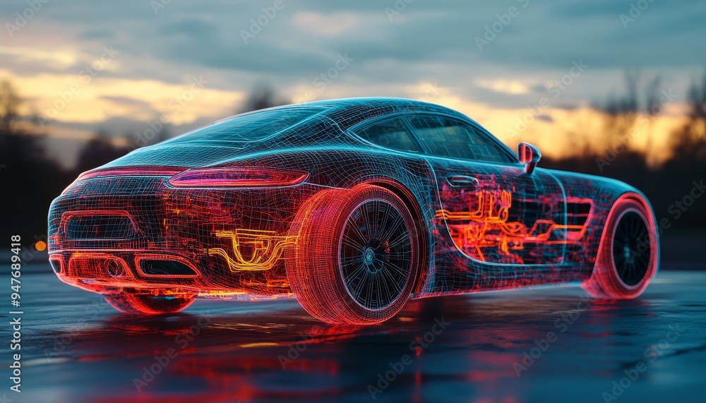 Poster 3d car mesh visualization featuring internal wiring network created with generative ai technology