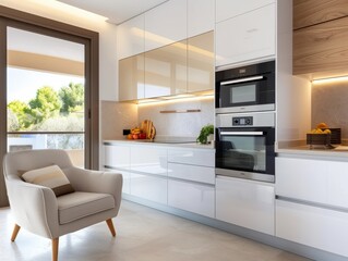 Fototapeta premium Modern Kitchen with Cozy Armchair and Natural Light
