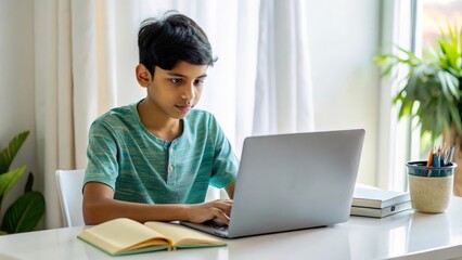 Indian Teen Learning Online - Indian teenager attending an online class using a laptop in a home study area.
